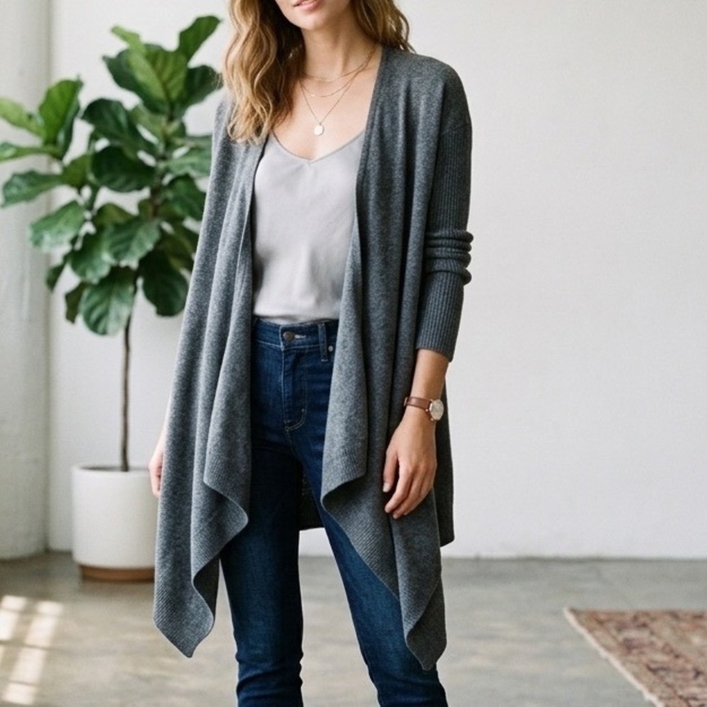 Sea Bleu 100% Cashmere Charcoal Heather Open Front Drape Cardigan - Size S